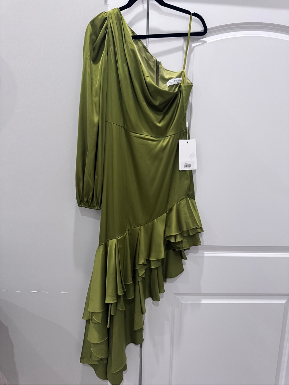 Mac Duggal One-Shoulder Olive Green Ruffle Satin Dress size 8